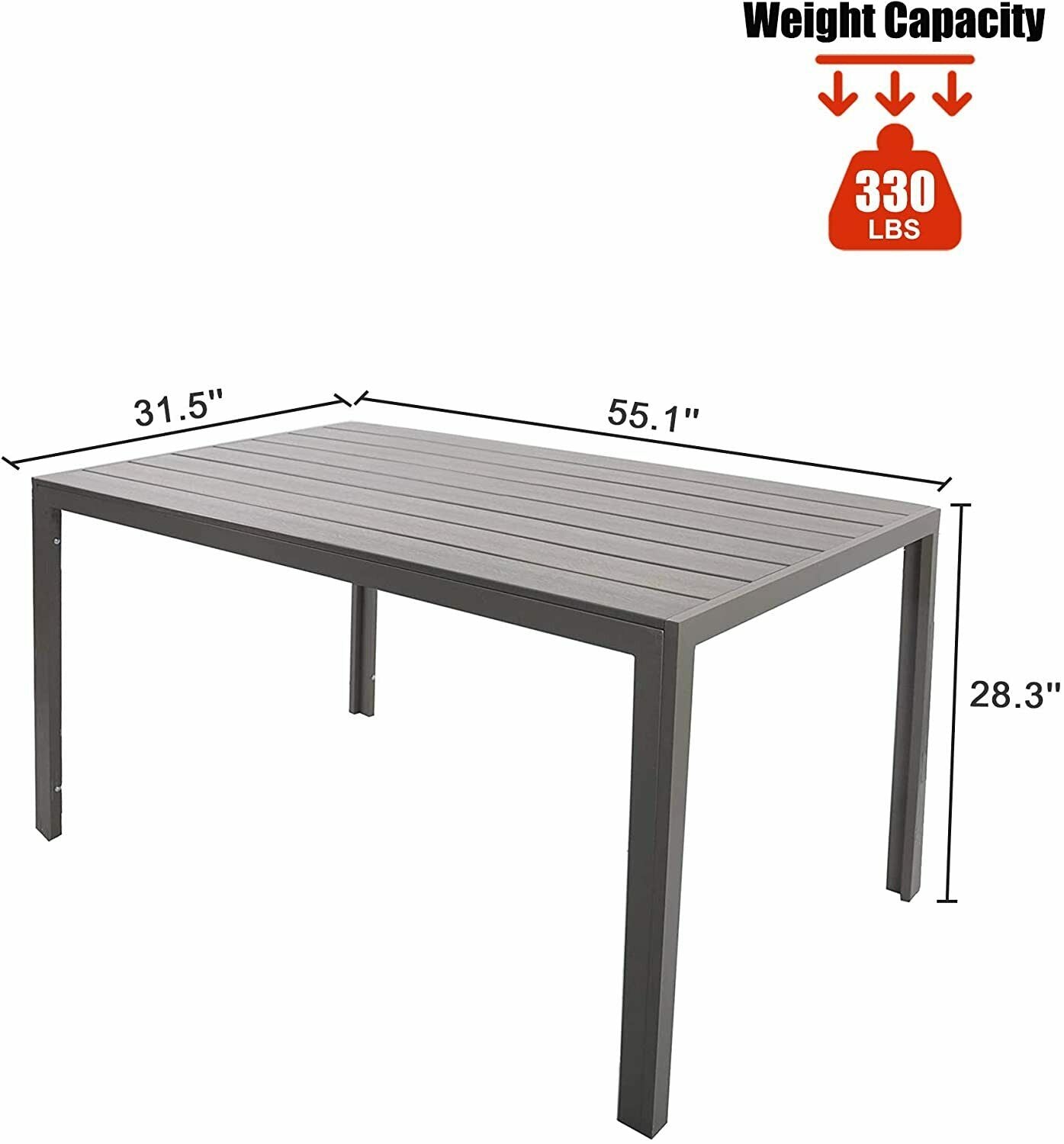 6 Person Outdoor Dining Table 55", Patio Rectangle Aluminum Table, Gray