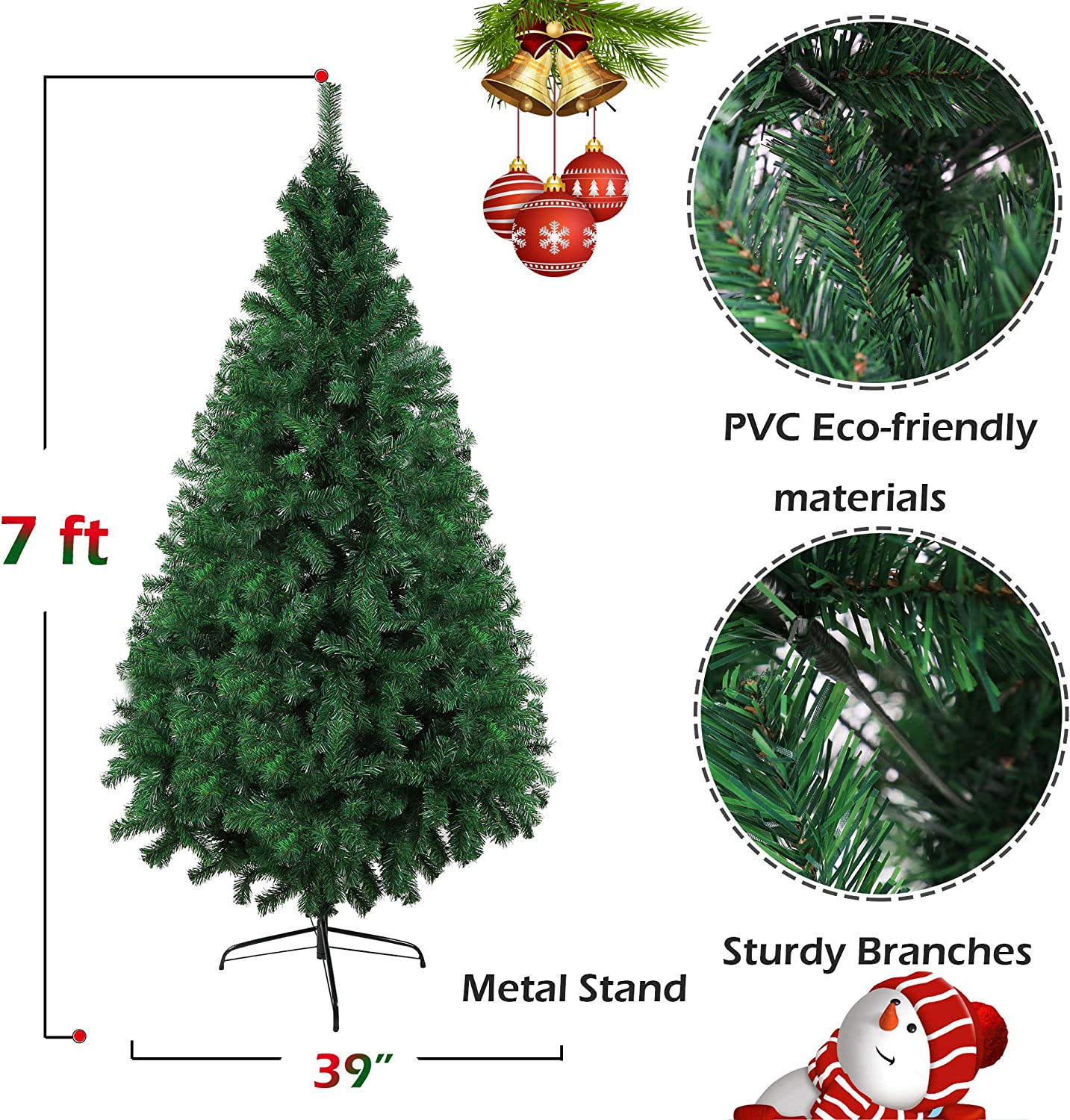 7' Christmas Pine Tree Artificial Fake Xmas Tree with Solid Metal Stand and Decoration for Festival Party Holiday, Green