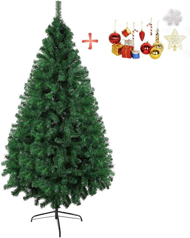 7 FT Christmas Pine Tree Artificial Fake Xmas Tree with Solid Metal Stand and Decoration for Festival Party Holiday, Green