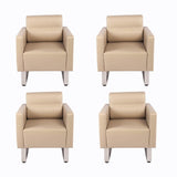 4 Pieces Office Guest Chairs Reception Chairs Leather Soft Barrel Sofas, Beige