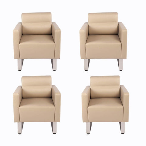 4 Pieces Office Guest Chairs Reception Chairs Leather Soft Barrel Sofas, Beige