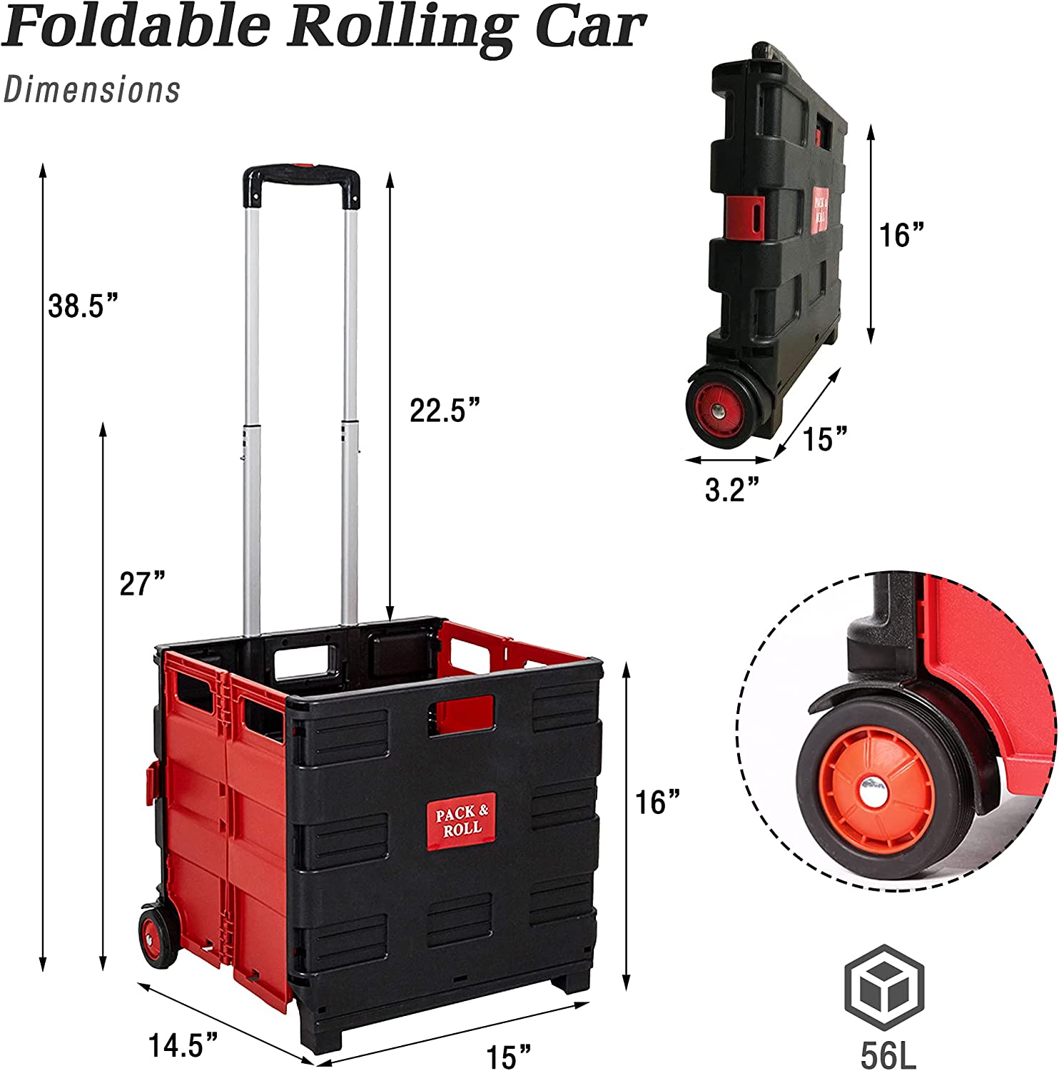 56L Large Folding Rolling Utility Shopping Cart, Black & Red - Bosonshop