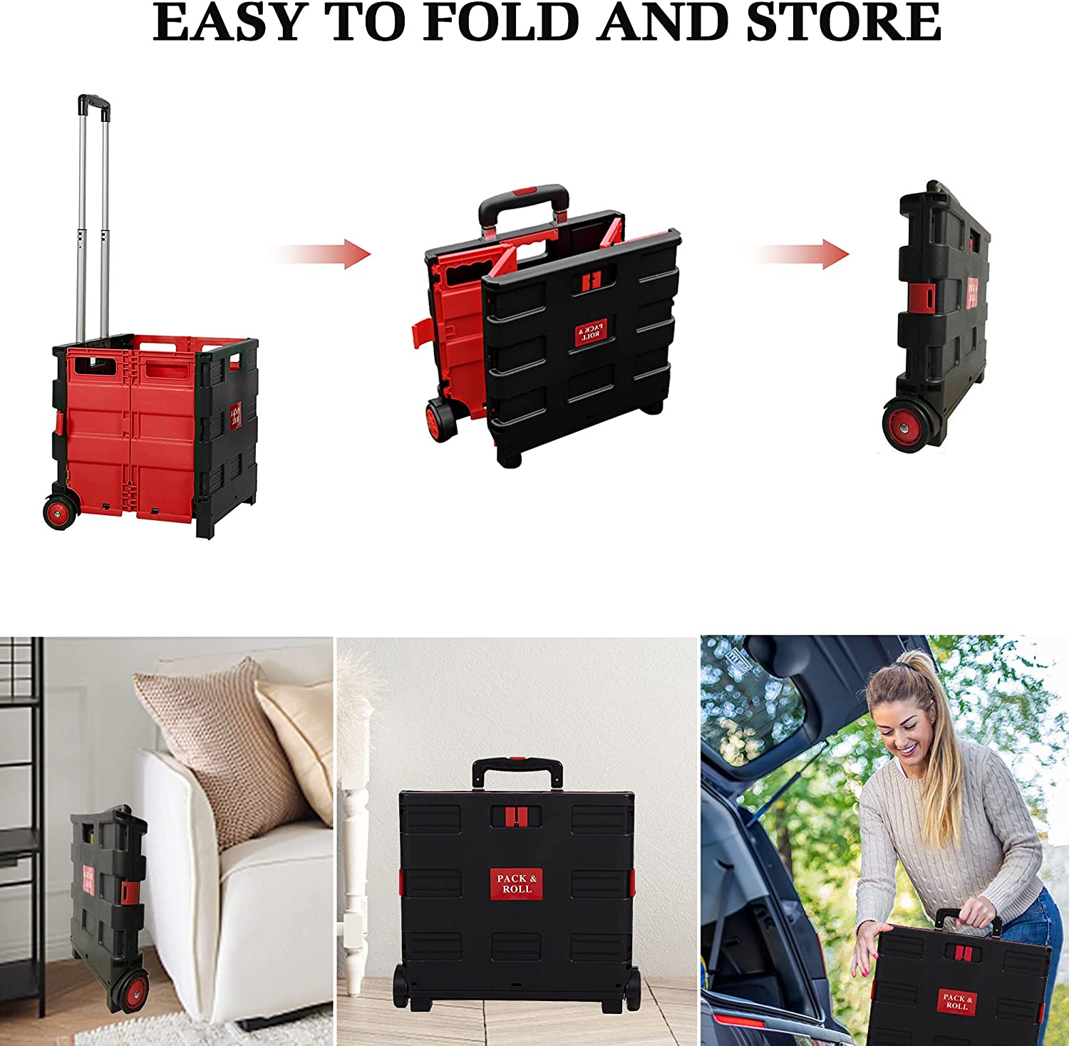 56L Large Folding Rolling Utility Shopping Cart, Black & Red