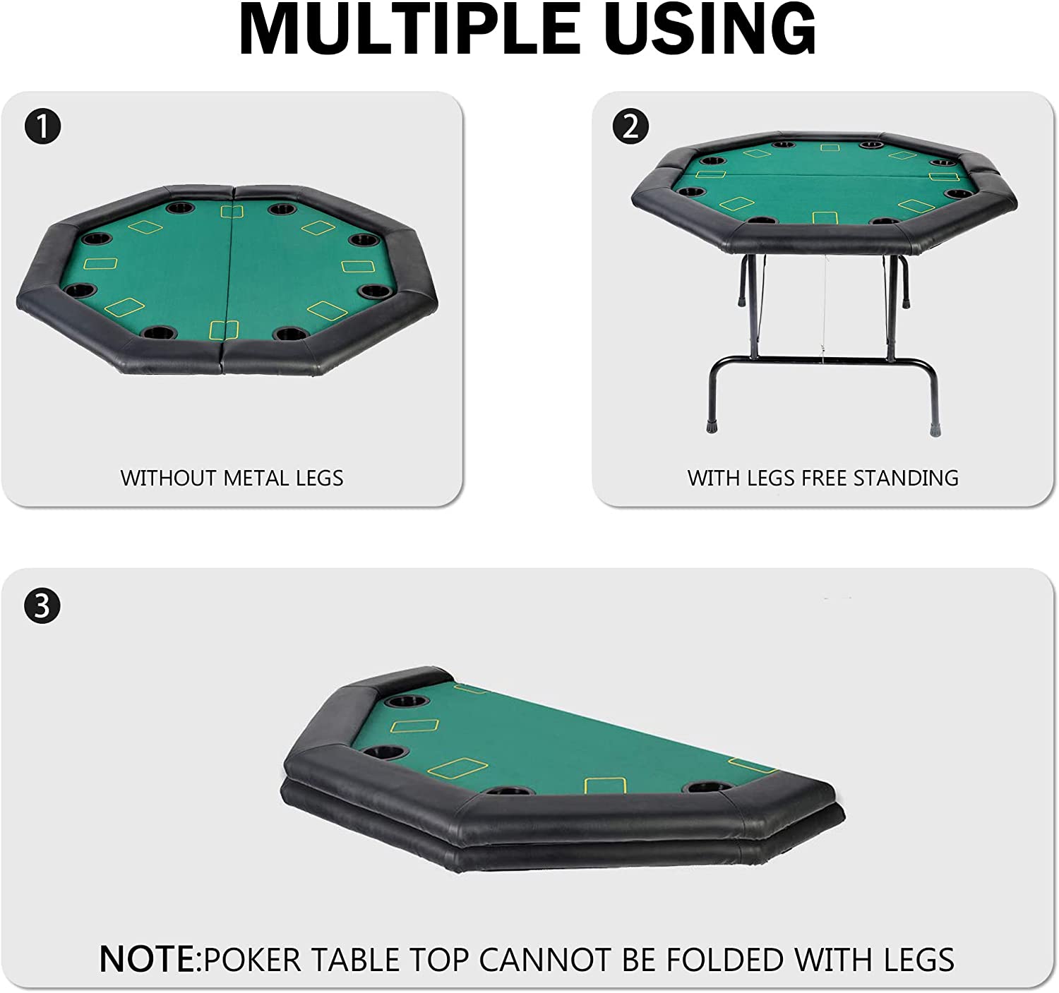 48" Octagon Foldable Poker Table for 8 Player Texas Casino Blackjack Table with Plastic Cup Holders