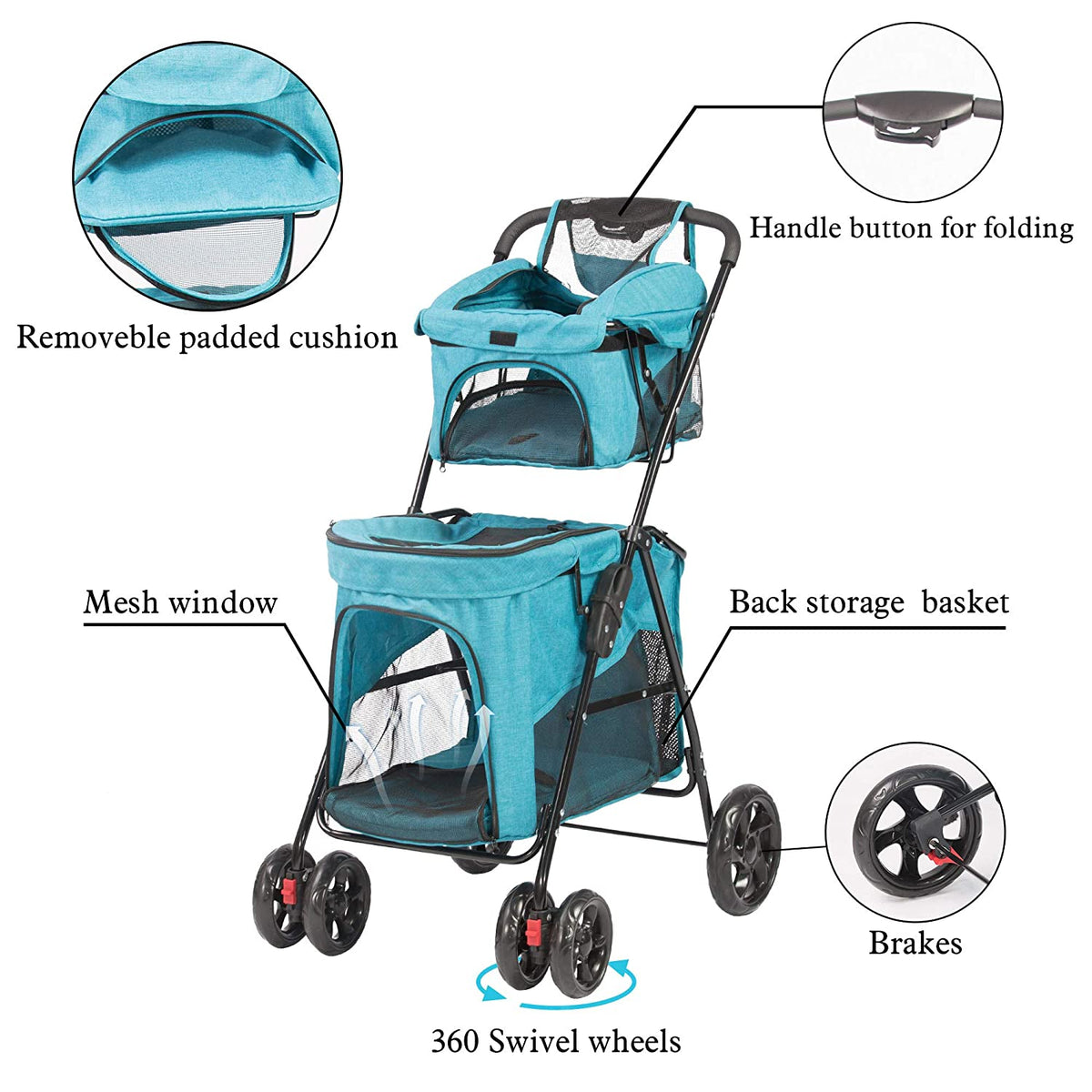 (Out of Stock) Double Decker Pet Stroller 4 Wheels Lightweight Foldabl