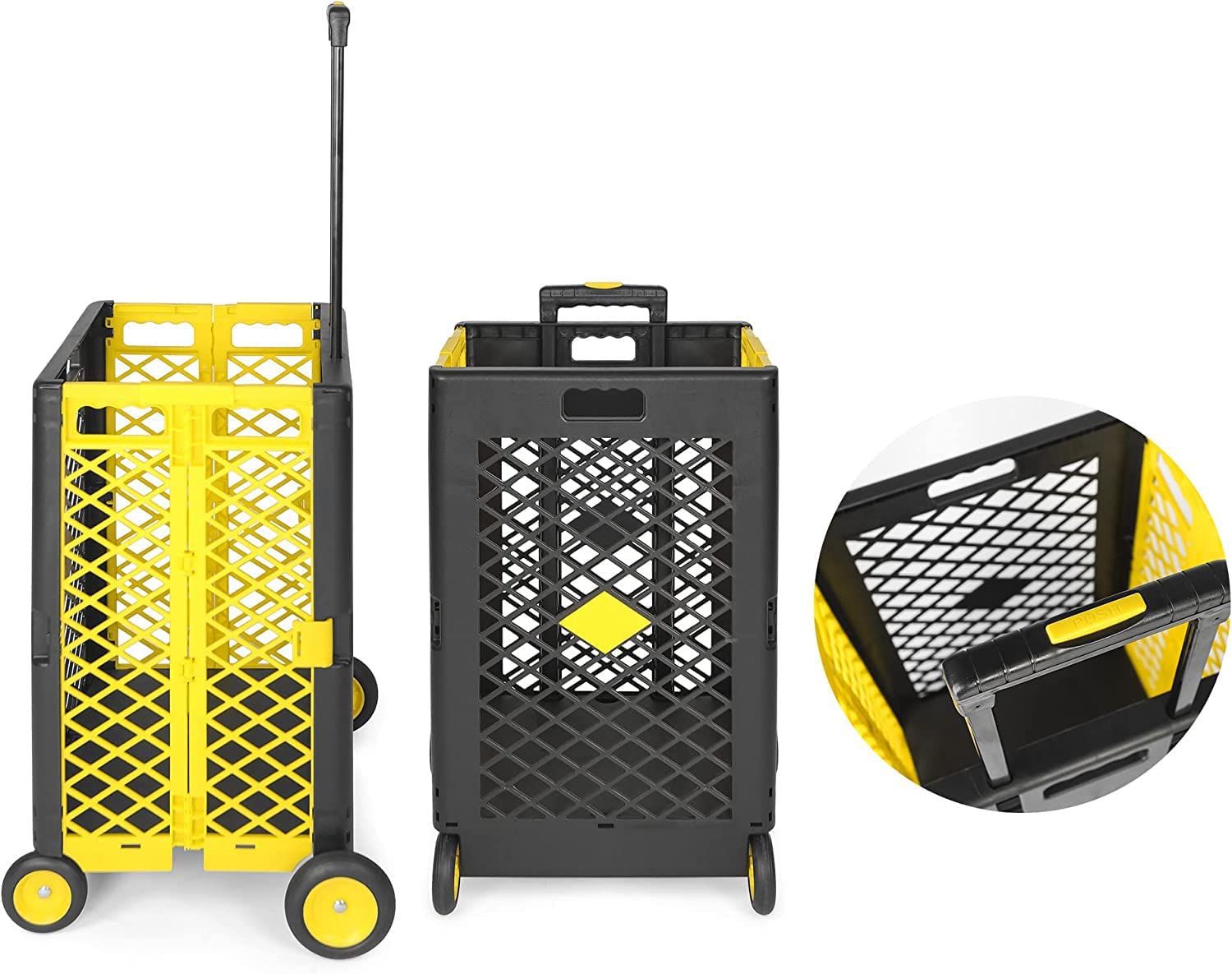 55L Foldable Rolling Cart with Wheels, Portable Updated Utility Tools Rolling Crate w/ Telescopic Handle, Yellow