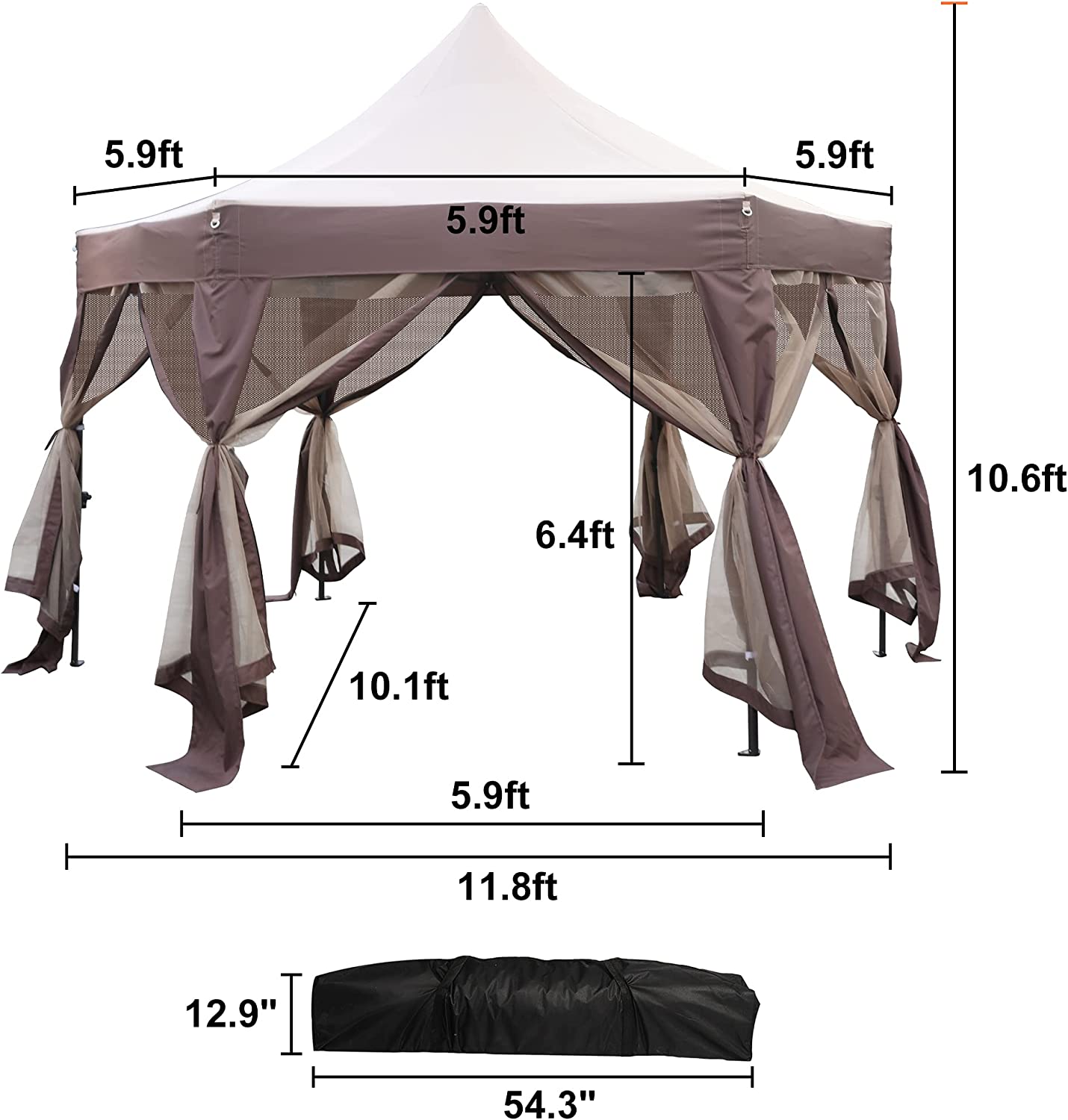 12' X 12' Gazebo with Mosquito Netting Outdoor Hexagonal Pop up Canopy Tent with Strong Iron Frame Storage Bag