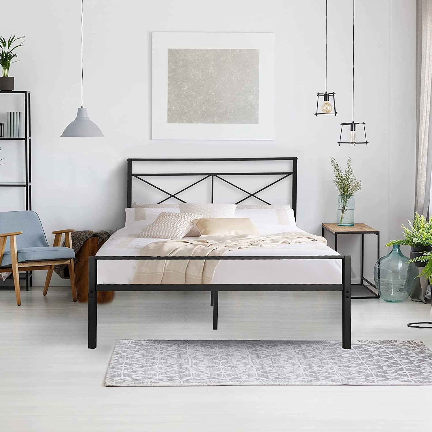 Full Size Platform Bed w/ Headboard, Heavy Duty Metal Slat & Anti-Slip Support, Easy Quick Assembly - Bosonshop