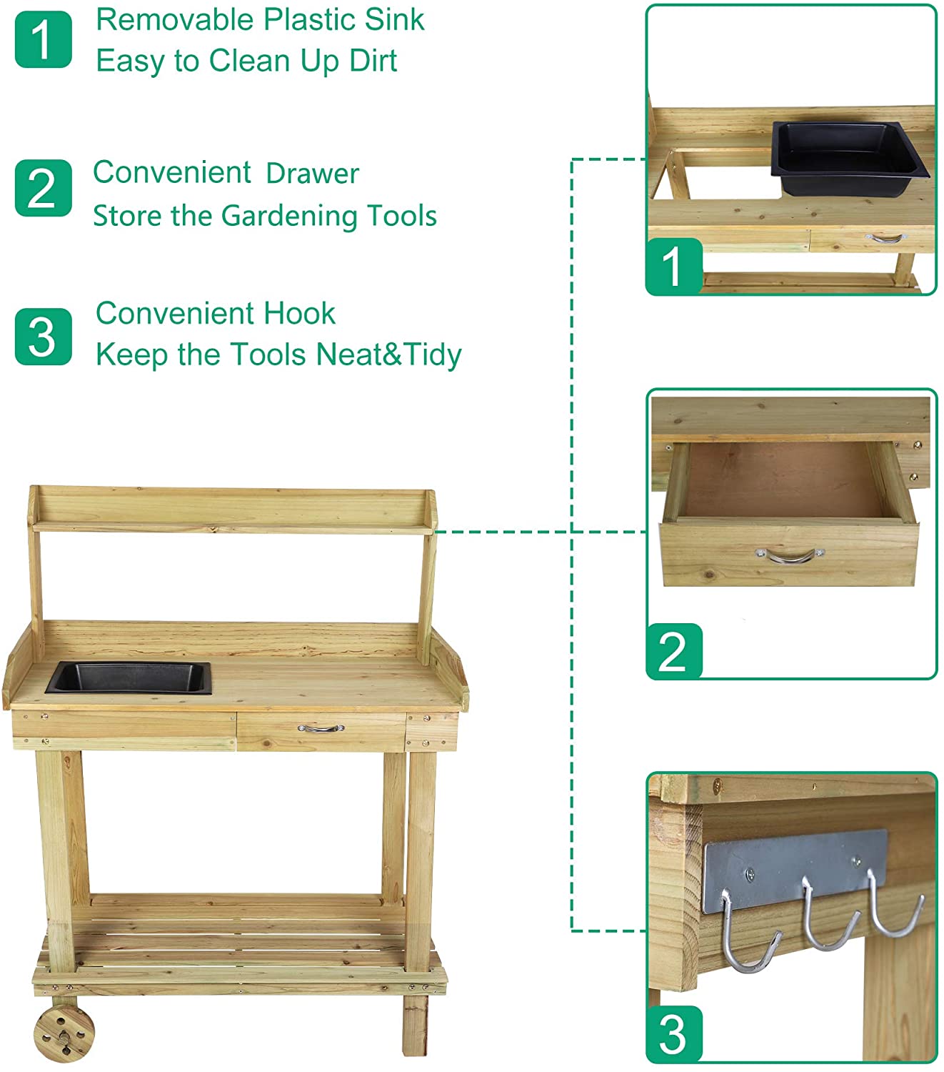 Potting Bench Table Wooden Gardening Plant Workstation Natural Solid Wood w/Wheels and Drawer Sink Hook Open Shelf