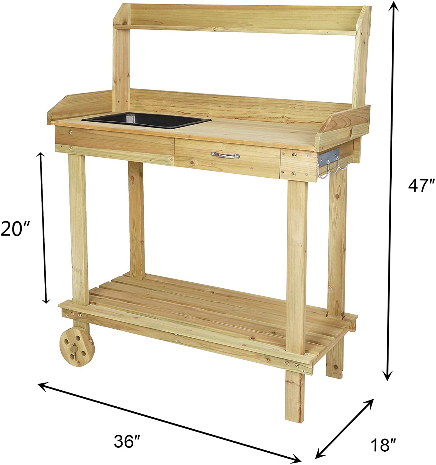 Potting Bench Table Wooden Gardening Plant Workstation Natural Solid Wood w/Wheels and Drawer Sink Hook Open Shelf