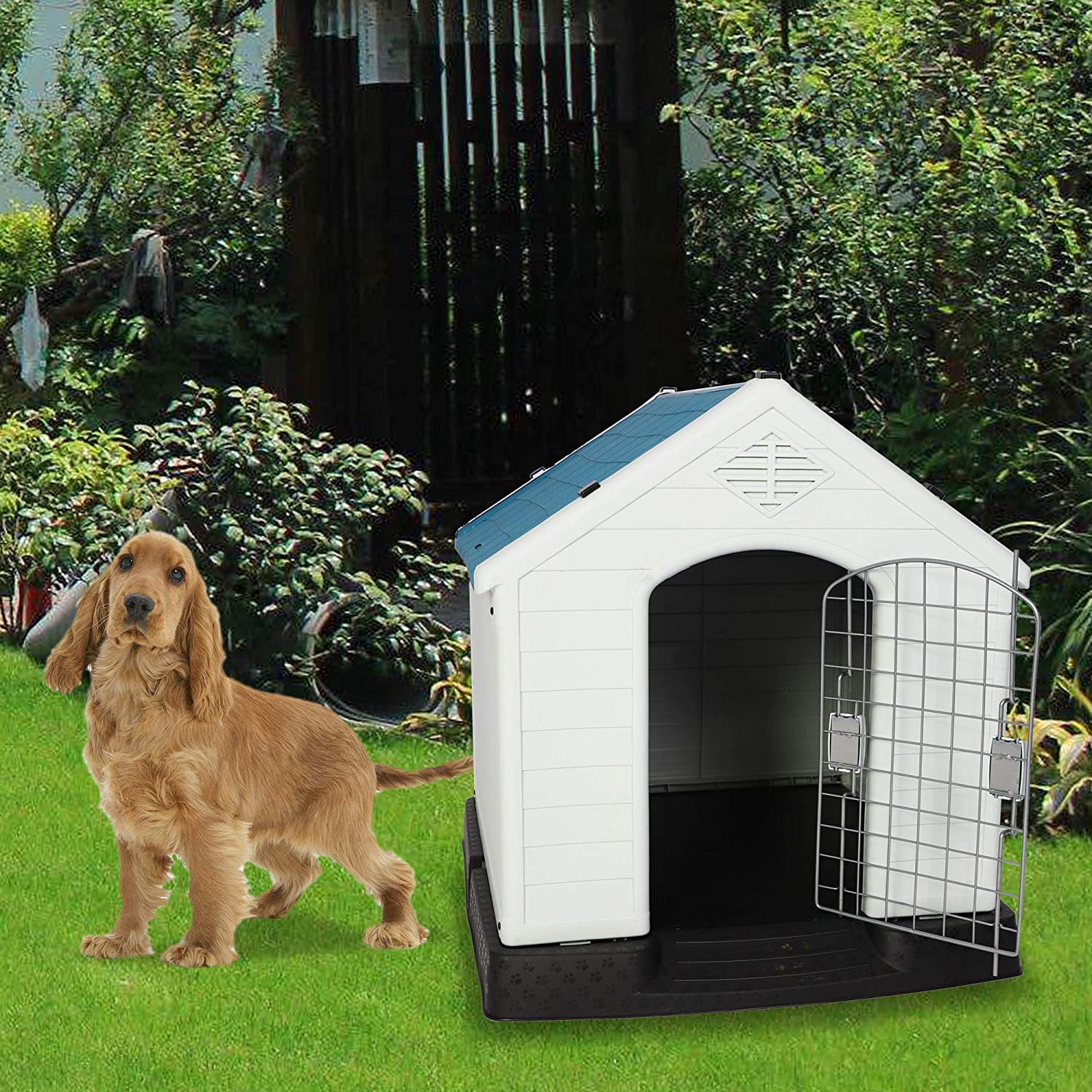 Plastic Ventilate Dog House with Door 28.3" Height Weatherproof Pet House with Elevated Floor, Medium