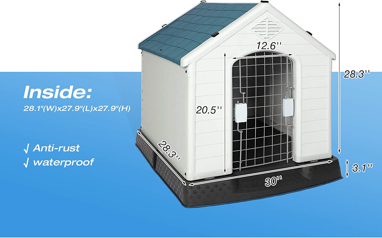 Plastic Ventilate Dog House with Door Weatherproof Pet House with Elevated Floor, Medium