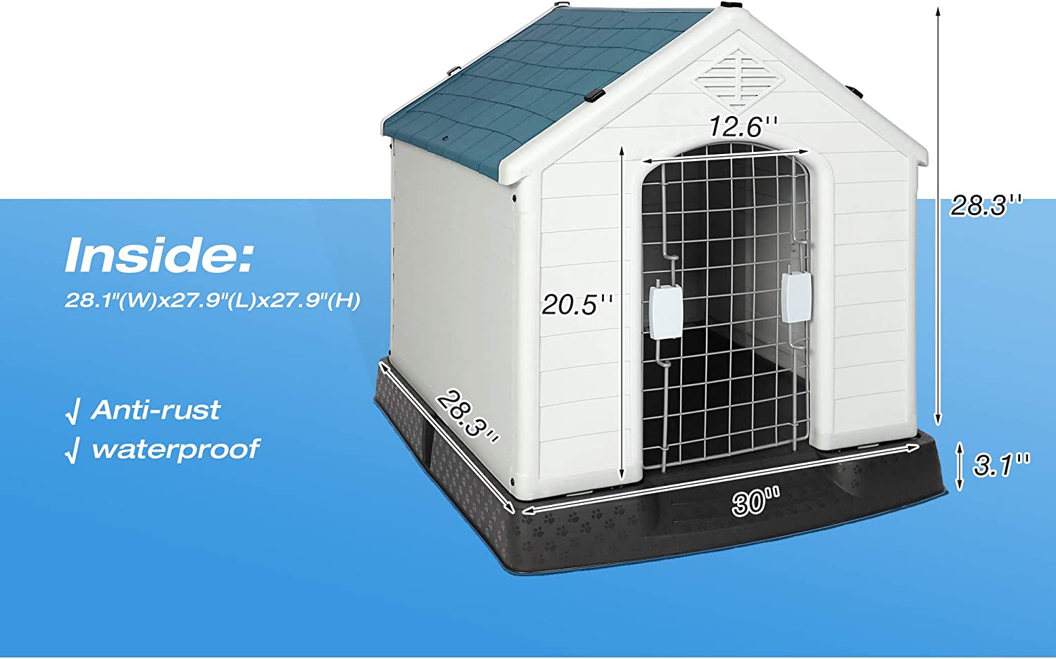 Plastic Ventilate Dog House with Door 28.3" Height Weatherproof Pet House with Elevated Floor, Medium