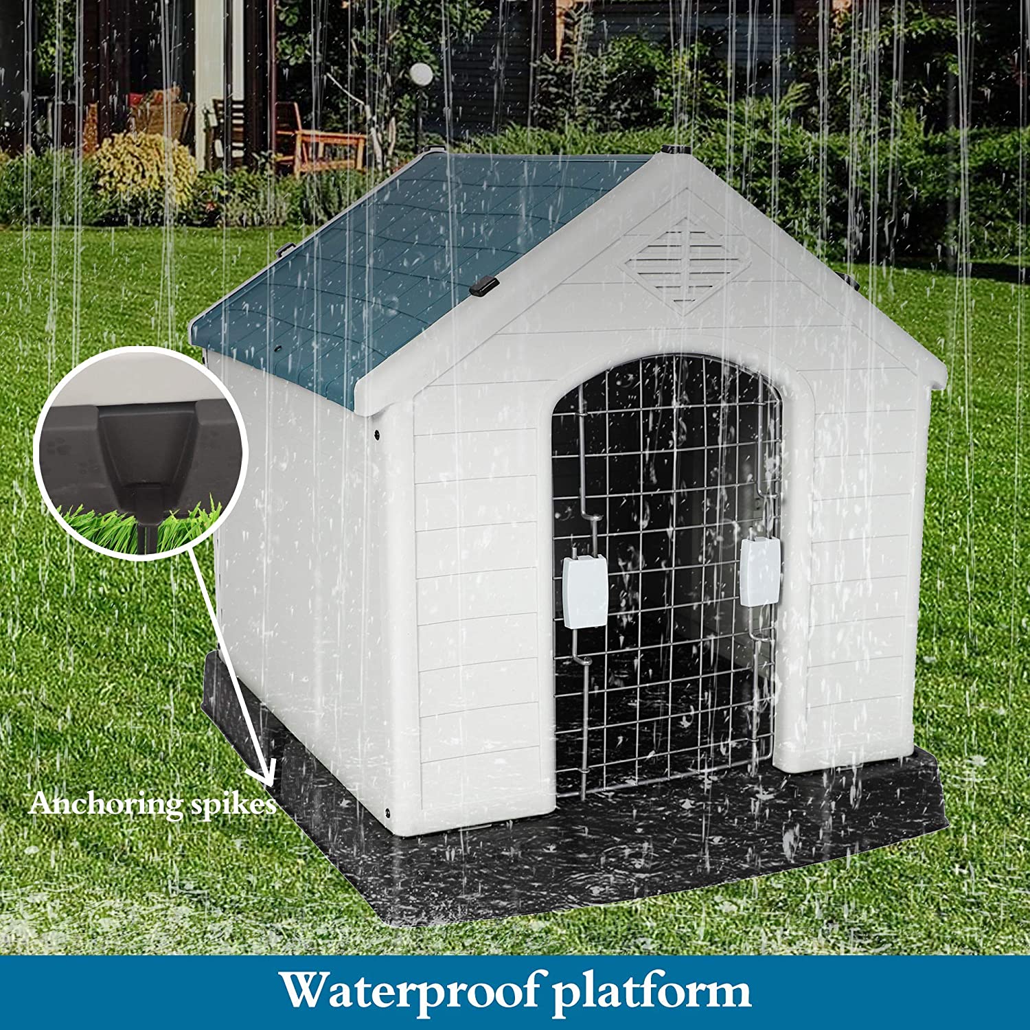 Plastic Ventilate Dog House with Door 28.3" Height Weatherproof Pet House with Elevated Floor, Medium