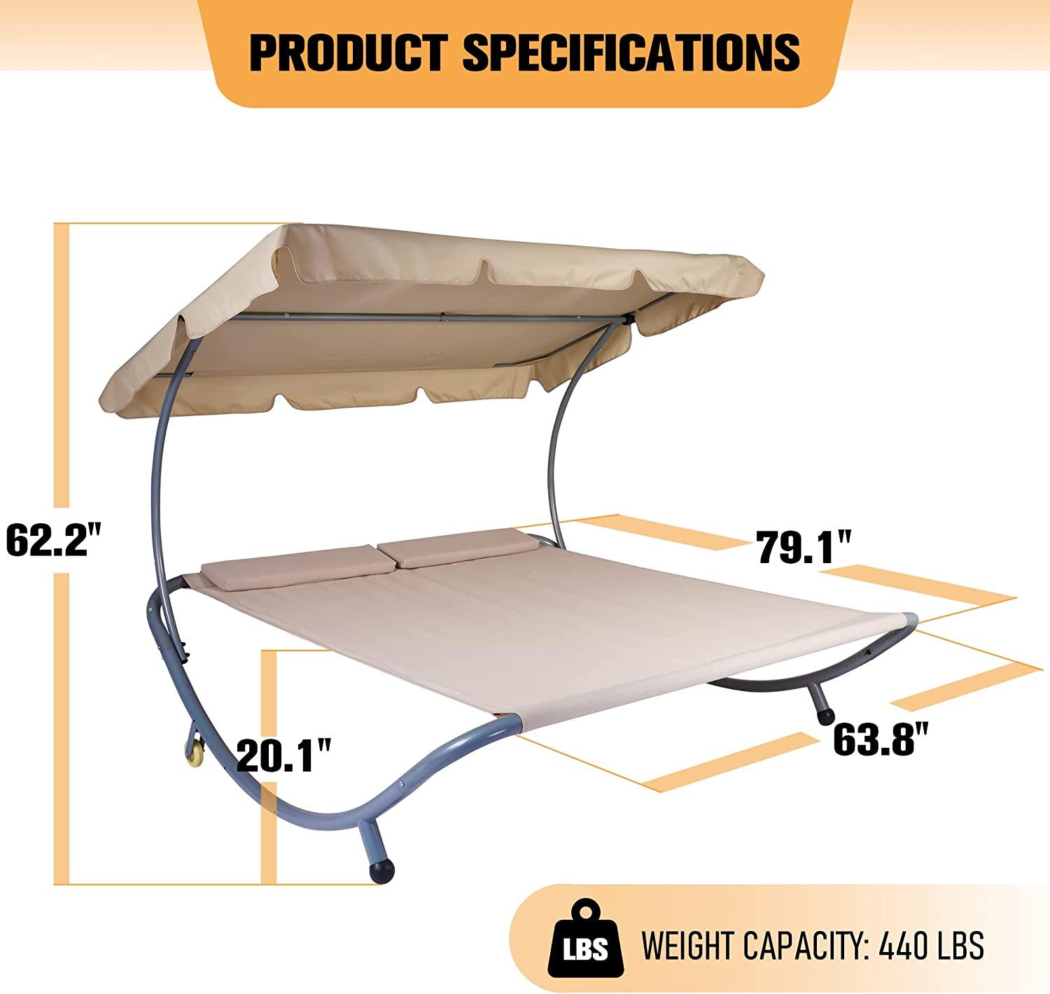 Outdoor Double Chaise Lounge Hammock Bed with Adjustable Canopy and Pillows - Patio Lounger for Ultimate Relaxation - Bosonshop