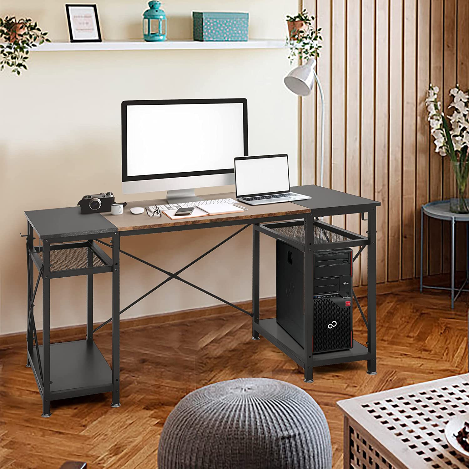 Spacious 47.2" Computer Desk with Storage Shelves, Hooks, and CPU Stand - Ideal Home Office Desk for Study and Work, Stylish Black Design