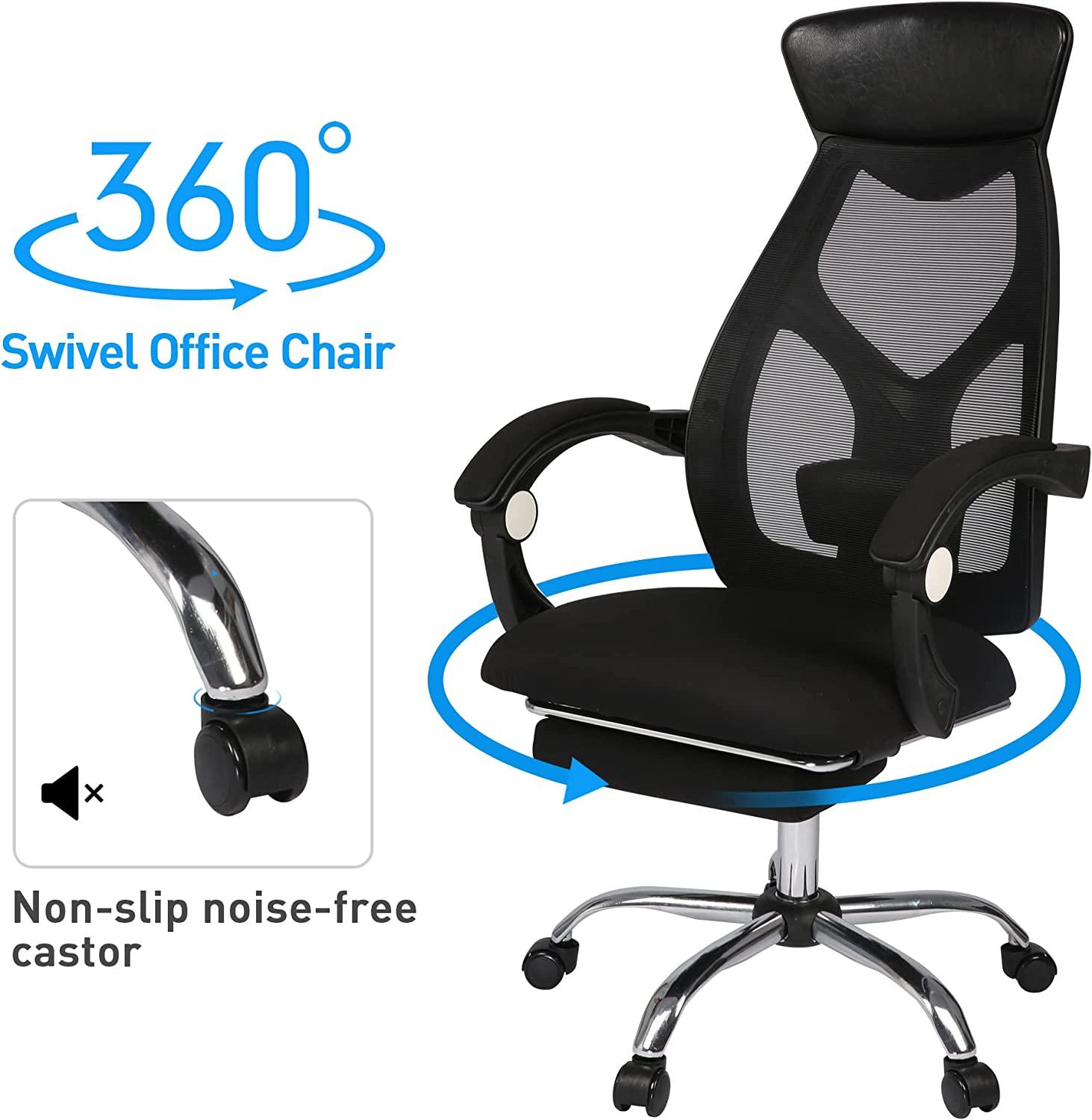 Ergonomic Office Desk Chair Mesh High Back Leather Headrest Adjustable Lumbar Support Recliner, Black