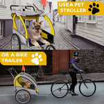 Dog Bike Trailer Cart 2 in 1 Pet Bicycle Stroller for Travel with Reflectors Parking Brake Breathable Protective Net, Yellow