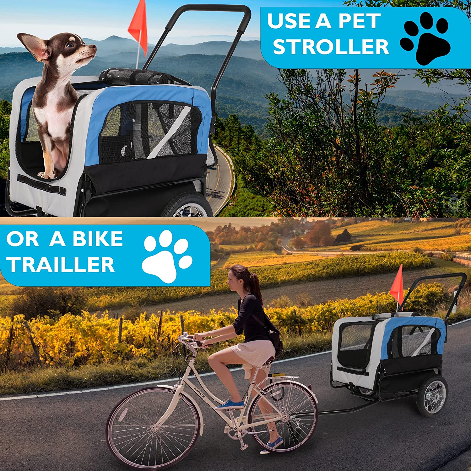 Dog Bike Trailer Cart 2 in 1 Pet Bicycle Stroller for Travel with Reflectors Parking Brake Breathable Protective Net, Blue
