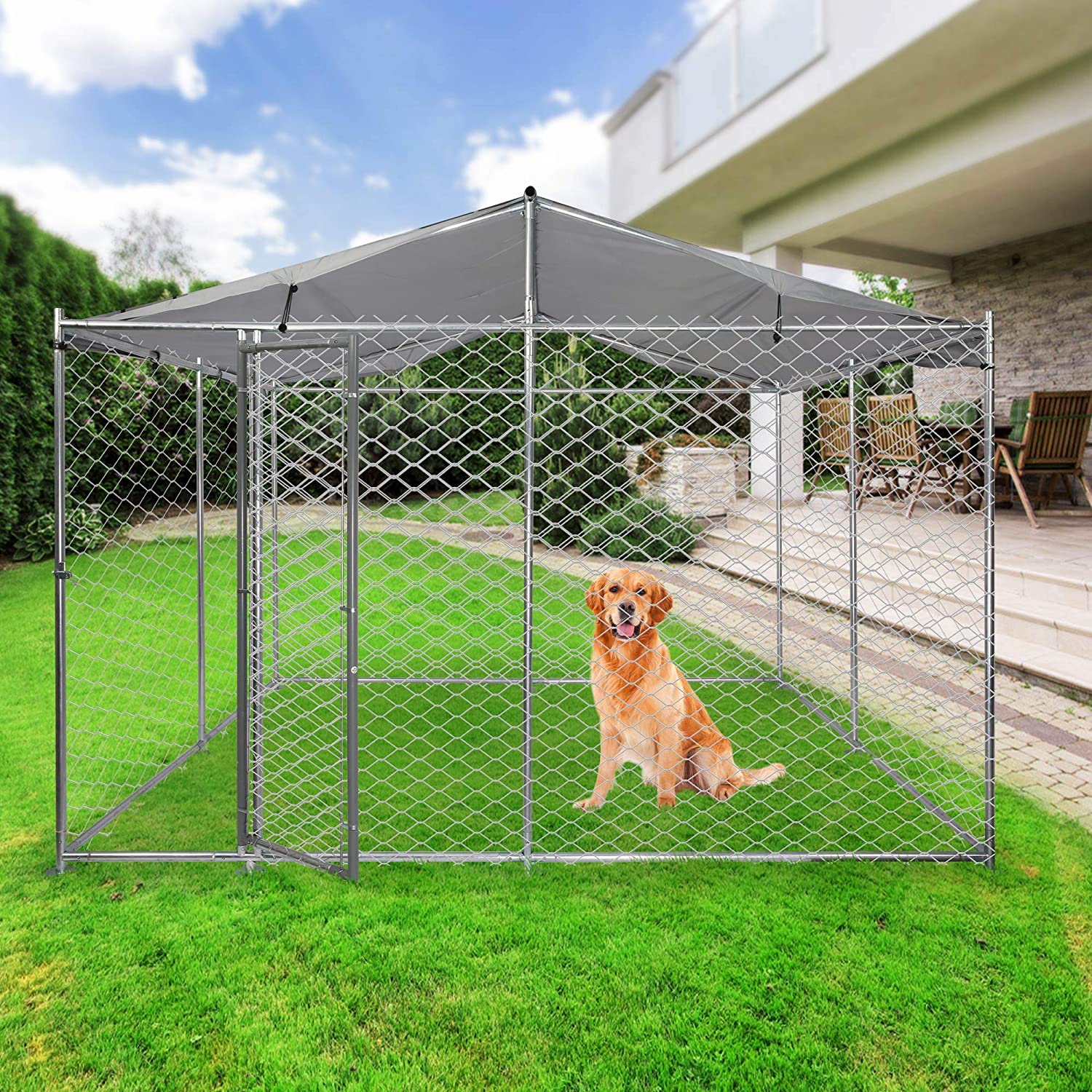 10' x 10' x 7.5' Outdoor Metal Dog Playpen For Your Puppy, Exercise Pens For Puppies, Chain Link Dog Kennel