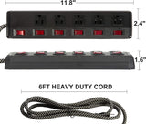 2 Pack Long Power Strip Surge Protector, 6 Metal Power Outlets 2 USB Ports, 6 ft Long Extension Cord