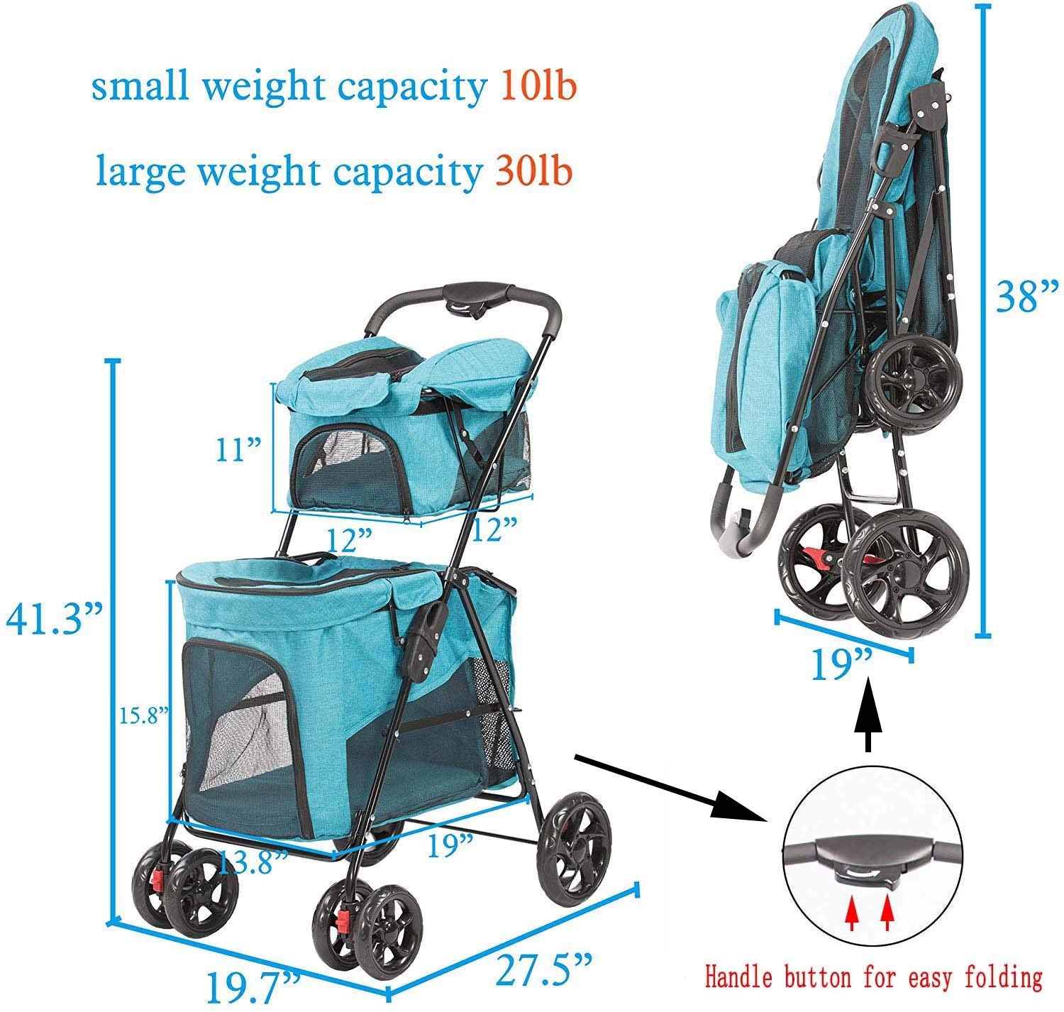 (Out of Stock) Double Decker Pet Stroller 4 Wheels Lightweight Foldabl