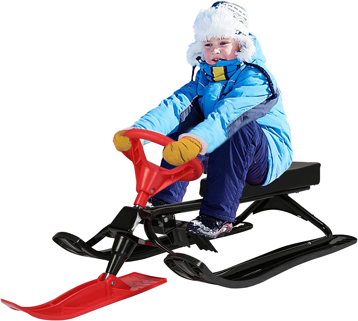 Snow Racer Sled, Ski Sled Snowboard with Steering Wheel & Twin Brakes for Downhill and Uphill