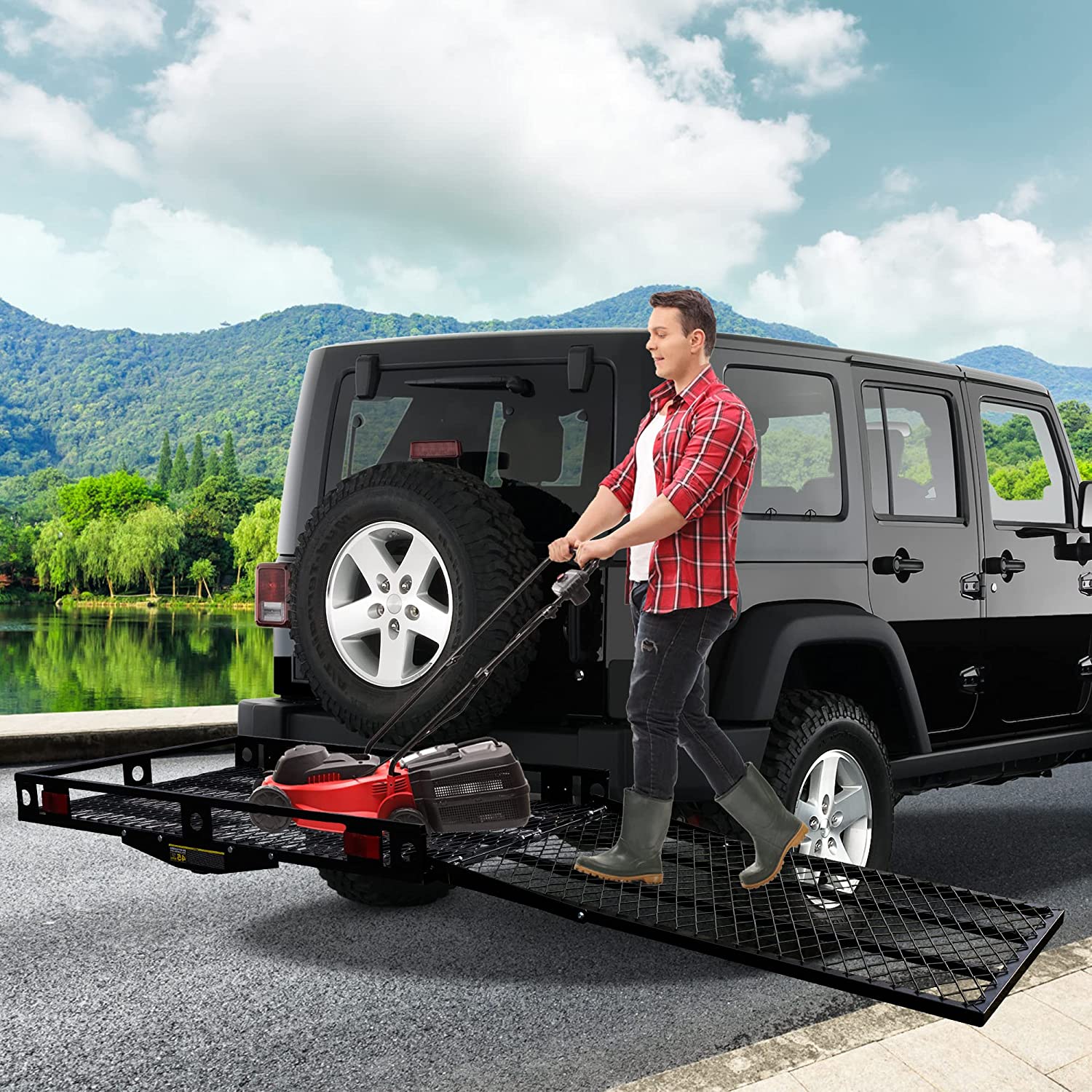 48.8" L x 27.8" W Trailer Hitch Cargo Carrier Utility Basket with 42" Folding Ramp, Fits 2-Inch Receiver