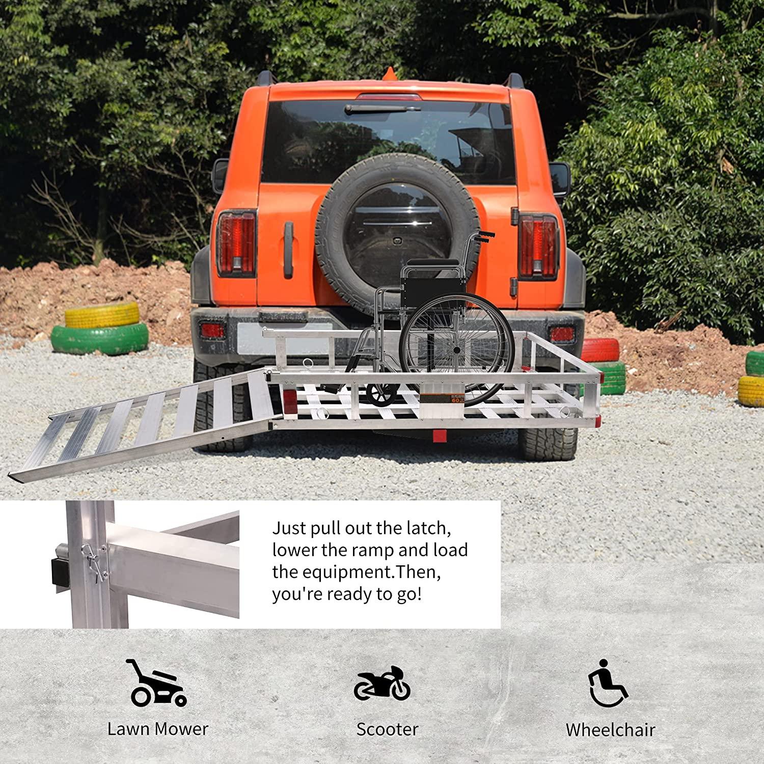50" L x 29.7" W x 9" H Trailer Hitch Cargo Carrier Utility Basket with 41.5" Folding Wheelchair Ramp - Bosonshop