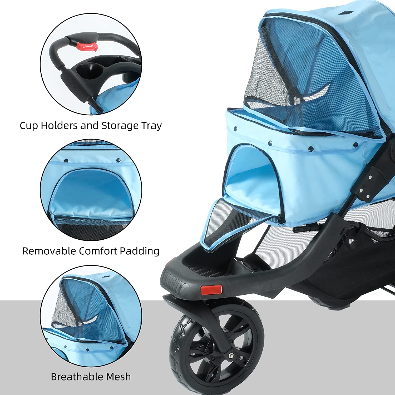 3-Wheels pet Stroller, Foldable Jogger Pet Stroller with Storage Basket